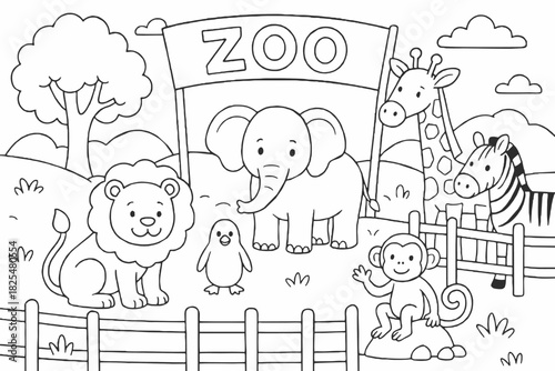 This lovely coloring activity page presents a cheerful zoo environment with cute animals waiting for your colorful imagination