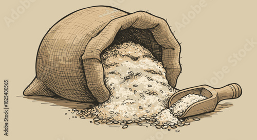 A rustic burlap sack spills granular white sugar onto a surface, accompanied by a wooden scoop, in a vintage illustration.