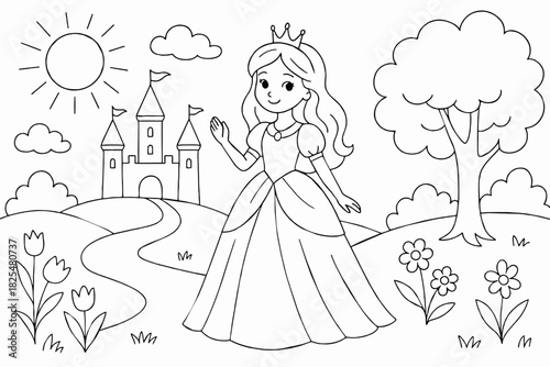 Beautiful princess with royal crown stands proudly before grand castle blooming flowers bright sunny sky ready for coloring fun