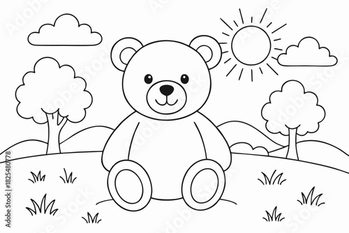 An adorable teddy bear sits outdoors on a sunny day with trees and clouds a wonderful coloring page for imaginative children