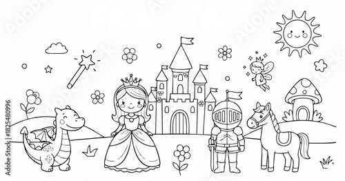 This enchanting coloring page features a princess a knight a dragon a castle a sun and a mushroom house