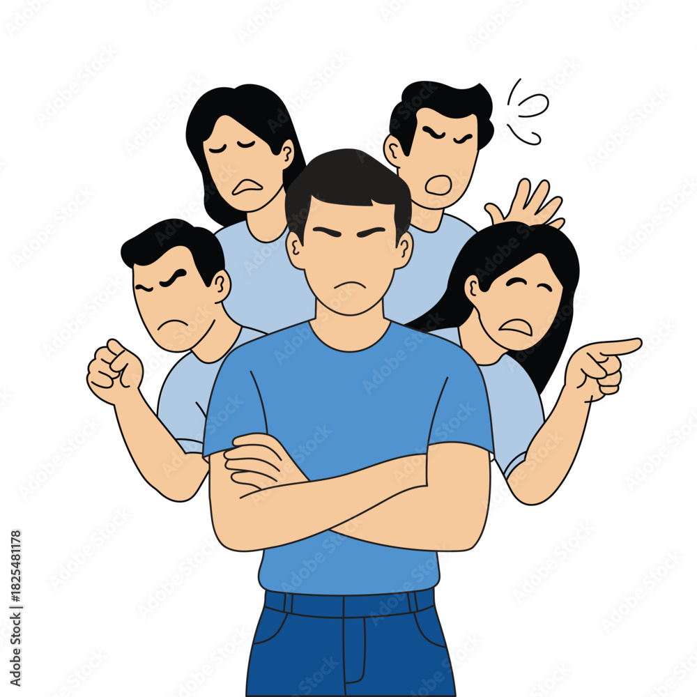 Fototapeta premium Social anxiety disorder depiction of man surrounded by critical inner voices