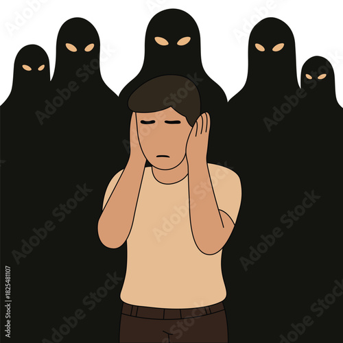 Social anxiety depiction of man covering ears amid dark silhouettes