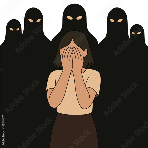 Social anxiety illustration of woman overwhelmed by shadow figures
