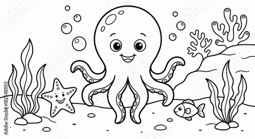 An adorable smiling octopus makes new friends in this charming ocean scene ready for your creative coloring fun