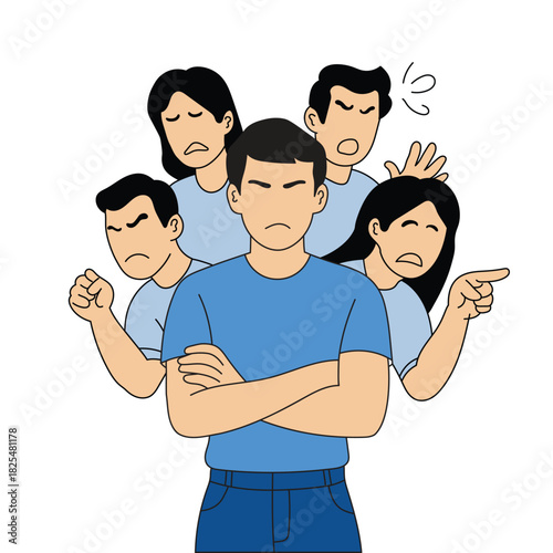 Social anxiety disorder depiction of man surrounded by critical inner voices