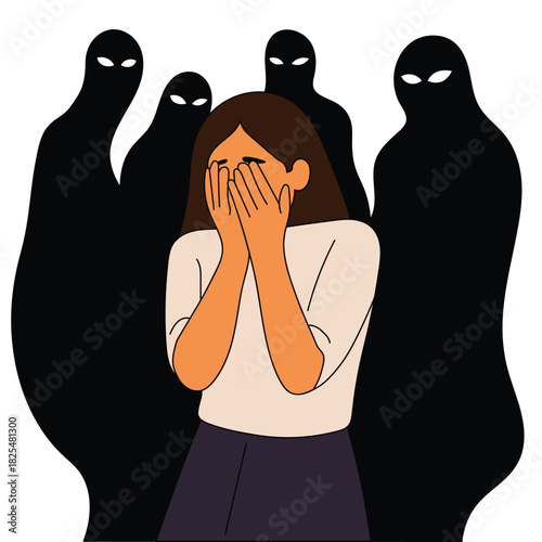 Social anxiety disorder illustration of woman surrounded by ghostlike figures