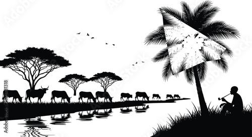 African savanna scene silhouette with cattle grazing by a river, acacia trees, flying birds, and a man sitting under a palm, vector illustration.