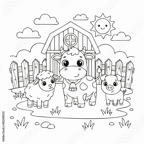 This adorable coloring page features a happy cow a fluffy sheep and a playful pig at their farm barn setting.