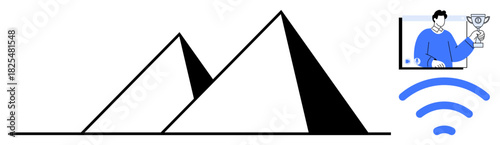 Minimalist design combining pyramids, wireless signal, and a virtual conference scene with a trophy winner. Ideal for themes thumbs up virtual success, remote networking, technology, achievement