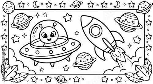A space coloring page for kids with an alien in a UFO a rocket and planets among stars