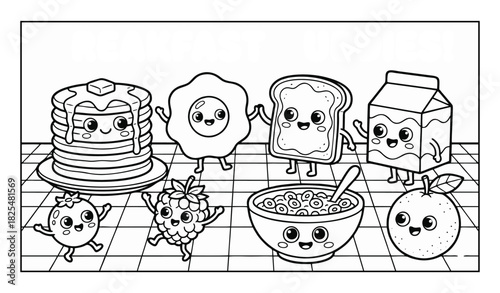 A delightful morning feast featuring an adorable array of breakfast foods and happy fruits ready for coloring fun