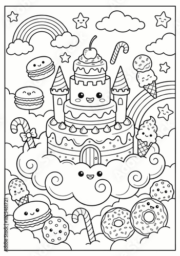 A delightful coloring page featuring a whimsical cake castle on fluffy clouds surrounded by delicious sweets and cheerful rainbows