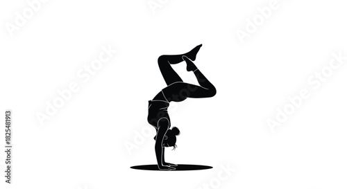 A strong female figure performs a challenging handstand yoga pose, demonstrating incredible balance and flexibility in a simple silhouette.