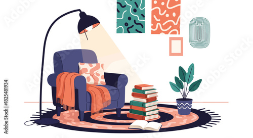 Cozy and inviting reading nook in a modern home, featuring a comfortable armchair, floor lamp, books, and decorative elements for relaxation.