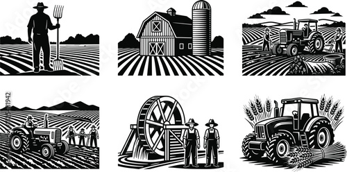 Black and white farming illustrations bundle with farmer, barn, silo, water wheel, tractors, wheat, and agricultural fields, vintage vector for harvest content.