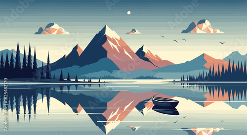 Serene minimalist landscape illustration of majestic mountains with snow-capped peaks, pine trees, a calm lake, and a boat reflecting in the water.