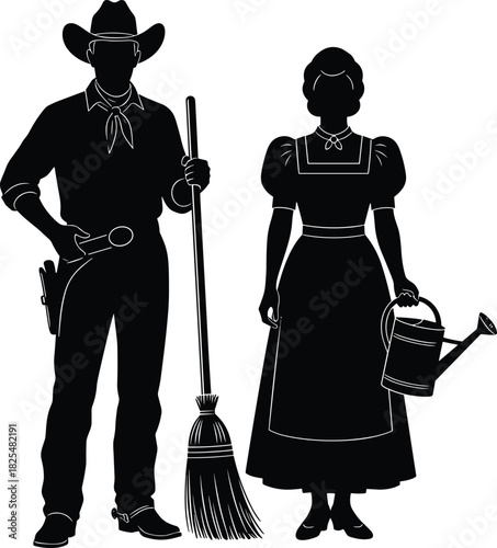 Black silhouette vector illustration of a cowboy with broom and prairie woman with watering can, standing together, rural western farm life concept.
