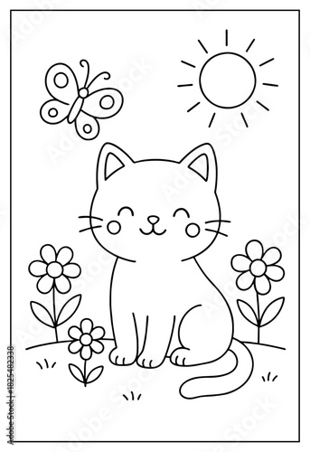 An adorable happy cat smiles sweetly in a beautiful garden with pretty flowers and a butterfly under the sun a fun coloring page