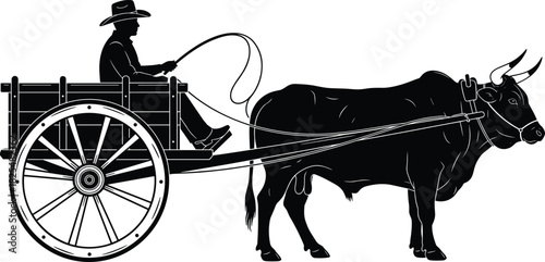 Black silhouette vector illustration of a farmer driving a wooden cart pulled by a strong ox, rural transportation and agriculture concept.