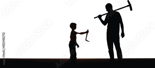 Black silhouette vector illustration of a farmer father and son standing with agricultural tools, teaching farming to the next generation concept.