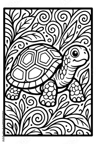 An adorable cartoon turtle explores a magical underwater scene amidst intricate swirling leaves and botanical patterns a delightful fun coloring page