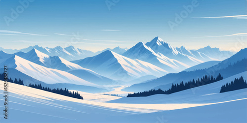 Cool blue snowy landscape featuring layered mountain peaks and smooth white valleys.