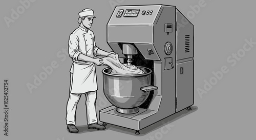 A skilled baker meticulously prepares dough in a powerful industrial mixer, showcasing the precision and hard work involved in commercial baking operations.