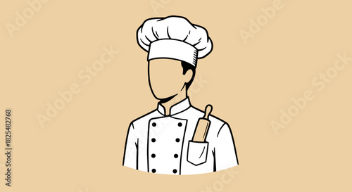 A professional chef, depicted in a clean line art illustration, wears a classic uniform and tall hat, with a rolling pin, symbolizing culinary arts and baking.