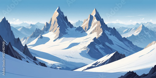 Cold blue slopes and bright white summits in a smooth geometric landscape.