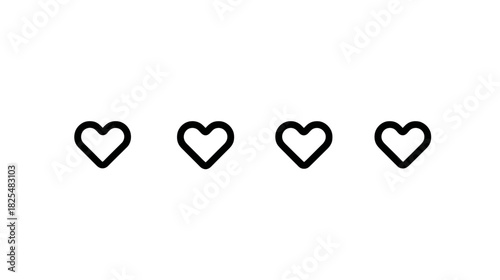 Four black outline heart icons on white background, representing love, like, social media favorite, or UI UX rating symbol. Graphic element.