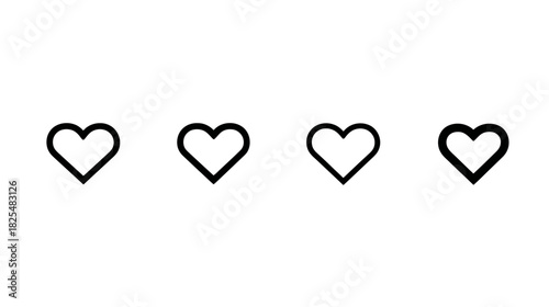 Simple outlined heart icons, minimalist love symbols for graphic design projects, user interfaces, and web design.