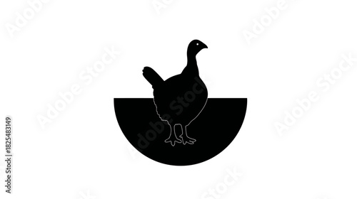 Minimalist black silhouette of a chicken or fowl standing on a semicircular base, simple graphic design icon vector isolated.
