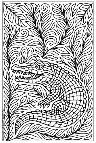 Explore the fascinating world of intricate jungle animals with this captivating alligator coloring page surrounded by elegant botanical designs