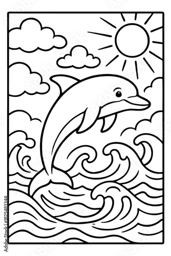 A cute dolphin gracefully leaps from the ocean waves under a bright shining sun and fluffy clouds for a delightful coloring activity