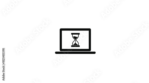 Black and White Laptop Icon with Hourglass Symbol: Digital Loading, Processing Time, and Waiting Concept