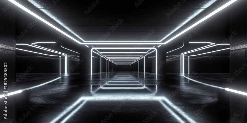 Fototapeta premium Empty futuristic corridor with glowing white neon frames, reflective black floor and mirrored walls in symmetrical vanishing perspective, evoking a cold, mysterious high-tech atmosphere