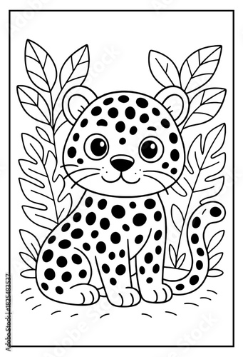 This adorable baby leopard coloring page nestled in jungle foliage offers kids a delightful creative activity with wild animals