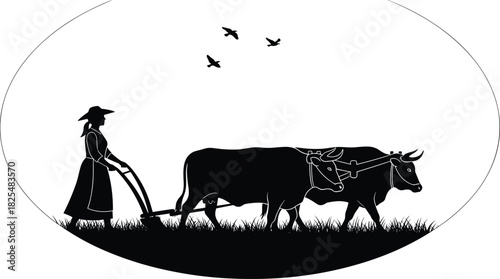 Black silhouette vector illustration of a female farmer plowing the field with two oxen, traditional rural agriculture concept inside oval frame.