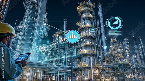 Worker in safety helmet using tablet for monitoring operations in a modern industrial facility at night