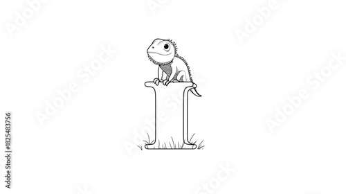 Adorable cartoon baby lizard, a little reptile character, perched on an uppercase letter I in a charming black and white line art illustration.