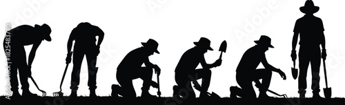 Black silhouette vector illustration of a group of farmers working in a field, planting seeds and using tools, agricultural teamwork concept.