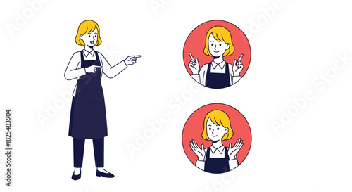 A friendly, short-haired woman in a dark apron and white shirt smiles while demonstrating various helpful hand gestures, including pointing and welcoming.