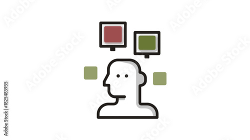 Decision making process icon. Person thinking, evaluating choices, options, pros and cons with red and green indicators.