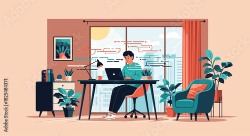 A man works from home on his laptop in a modern, plant-filled apartment with a city view, embodying remote work and comfortable productivity.
