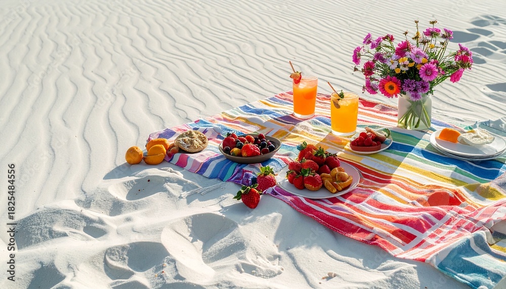 Fototapeta premium 白い砂浜で楽しむカラフルなビーチピクニック / Colorful beach picnic on white sand 