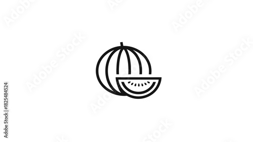 Watermelon and slice line icon on white background, ideal for summer fruit, healthy food, and sweet snack concepts.