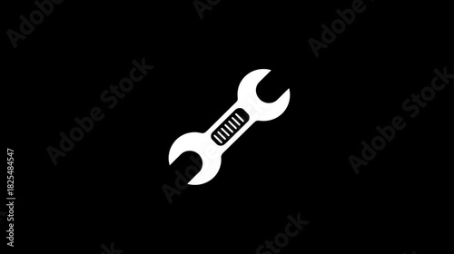Modern white spanner wrench tool icon isolated on black background for mechanic, settings, service, and repair concepts.