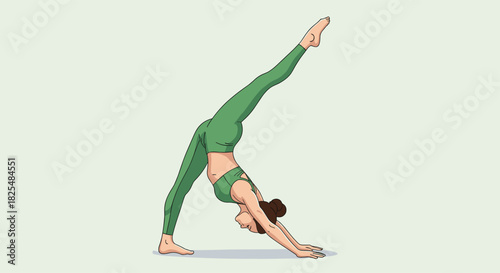A woman in green sportswear practices a one-legged downward-facing dog yoga pose on a plain background.