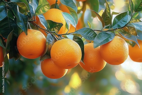 Cluster of ripe oranges hanging from a leafy tree branch bathed in warm sunlight, bright, fresh and abundant